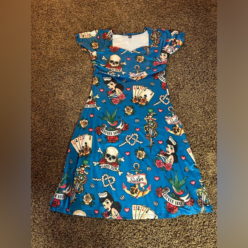 Blue Tattoo-inspo nautical/pin-up style dress⚓️💎♣️♦💀Sweetheart Neckline XL